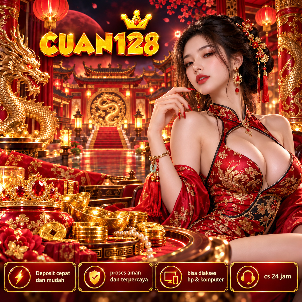 Poster CUAN128 dengan ornamen naga emas dan latar istana merah