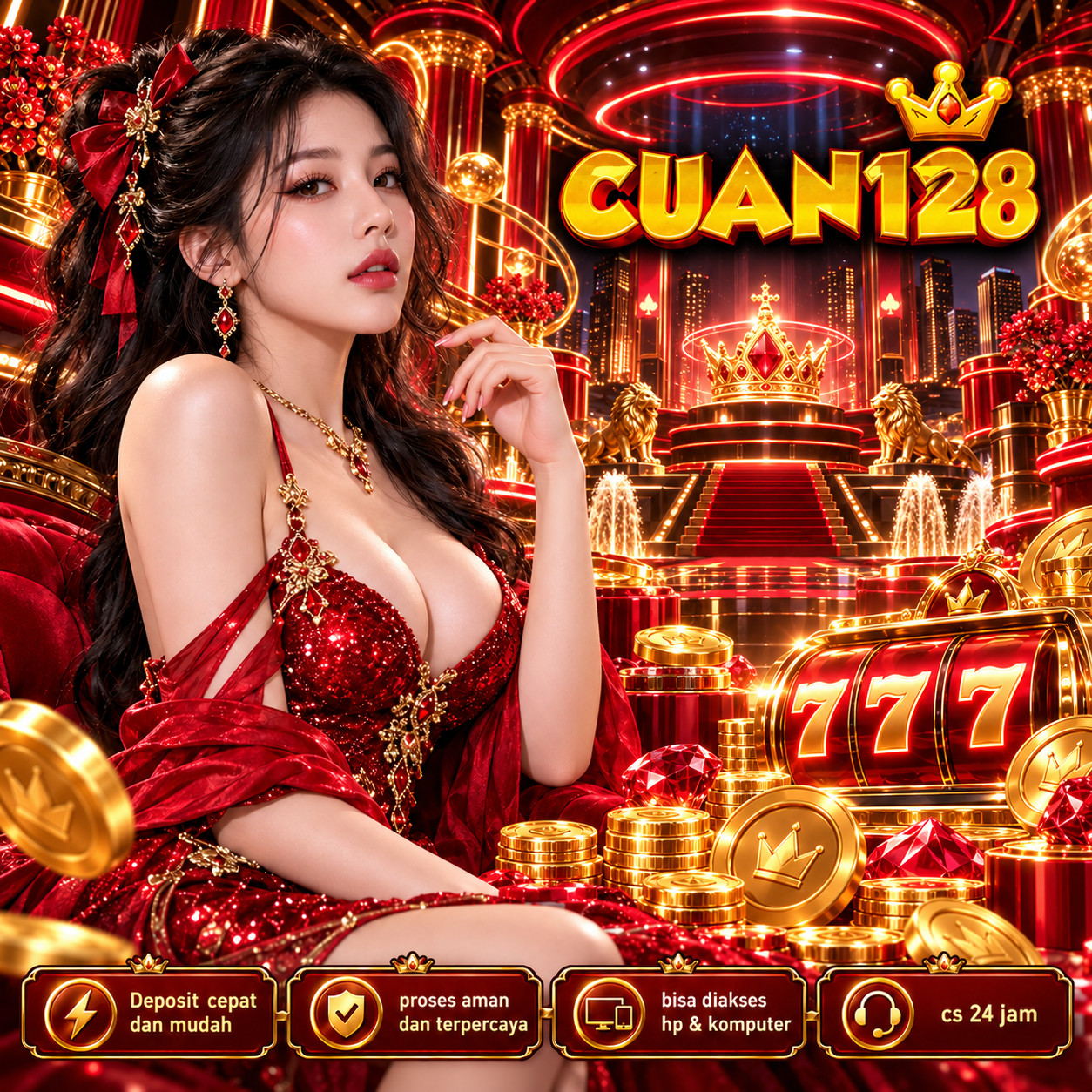 Poster CUAN128 bertema panggung neon merah emas dan mesin 777